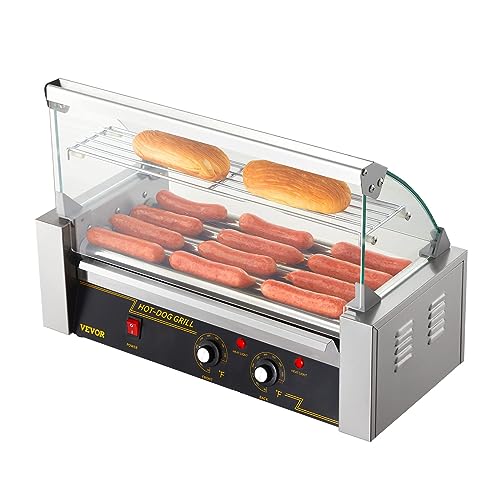 VEVOR Hot Dog Roller, 12 Hot Dog Capacity 5 Rollers, 750W Stainless Steel Cook Warmer Machine with Cover & Dual Temp Control, LED Light & Detachable Drip Tray, Sausage Grill Cooker