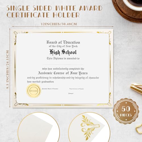 Fainne 50 Pcs Single Sided Certificate Holder Diploma Covers with Foil Border for 8.5 x 11 Inches Certificates Cardstock Document Papers Back to School Award Competition Supplies(Beige, Gold)