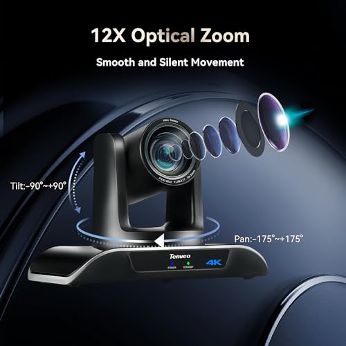 Tenveo UHD 4K PTZ Conference Room Camera 12X Optical Zoom USB3.0/HDMI Wide View Angle, 4K PTZ Camera for Video Conference Church Services Worship Events,Skype/Zoom/OBS/YouTube Live Streaming