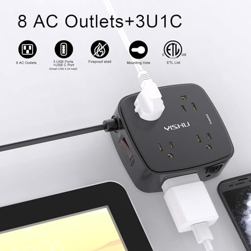 6 Ft Surge Protector Power Strip - YISHU 8 Widely Outlets with 4 USB Ports, 3 Side Outlet Extender with 6 Feet Flat Extension Cord, Ultra Flat Plug, Wall Mount, Desk USB Charging Station, ETL, Black