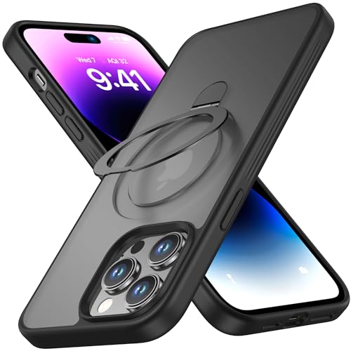 CellEver Strong Magnetic for iPhone 14 Pro Case, Compatible with MagSafe, Military Grade Protection, Translucent Matte Phone Cover with Kickstand, Never Yellowing, Anti-Scratch, Black