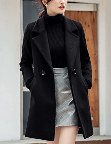 Tanming Womens Elegant Notched Collar Button Wool Blend Solid Long Pea Coat Overcoat (Black-S)
