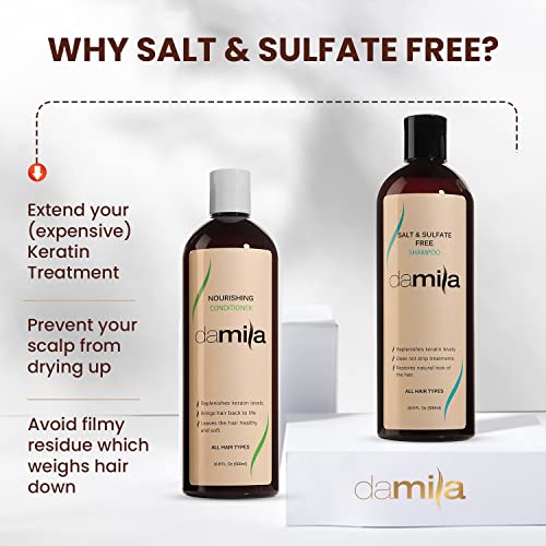 Damila Salt & Sulfate Free Shampoo & Conditioner for Keratin and Color Treated Hair - Professional Keratin Value Pack for Damaged, Frizzy, Curly, Dry & Thin Hair - Shampoo Sin Sal (4.0 Fl Oz)