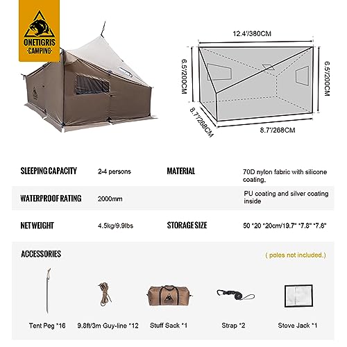 OneTigris COZSHACK Hot Tent, Large Spacious 4 Person Tent with Stove Jack, Windproof Waterproof Tent for Wood Stove Bushcraft Camping Travel Truck Family (Coyote Brown)