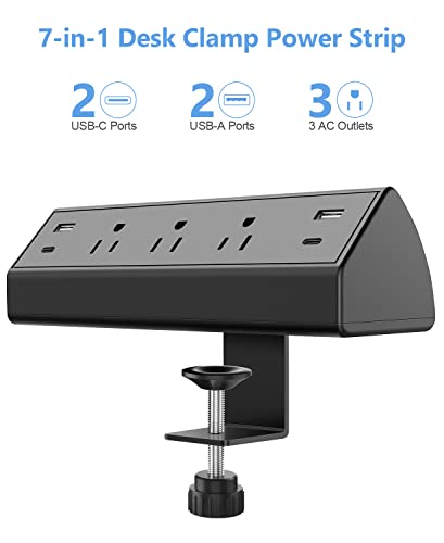 Desk Clamp Power Strip,Desktop Mount Surge Protector,40W Fast Charging Station,2 PD 20W USB C Ports,3 Outlets,6FT Flat Plug for Home,Office,Fit 1.6" Tabletop Edge