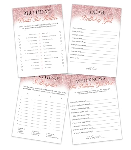 Birthday Games for Her Modern Birthday Party Games for Women, Girl Birthday Supplies, Activity, Decorations - Double Sided Cards with Answer,4 Activities