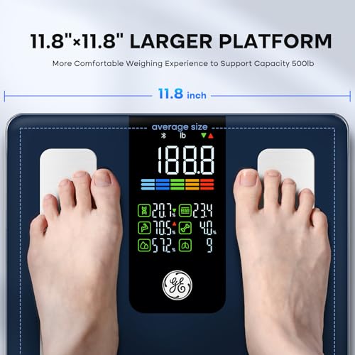 GE Scale for Body Weight Smart: Digital Bathroom Body Fat Scales for BMI Muscle Bluetooth Body Composition Monitor 11.8" Large Platform Accurate Weighing Machine Health Analyzer with App 500lbs