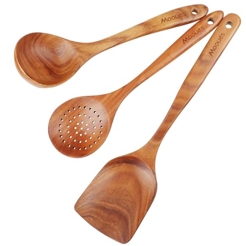 Mooues Wooden Spoons for Cooking, Wooden Utensils for Cooking Natural Teak Wooden Kitchen Utensils Set Comfort Grip (3 PCS SET)