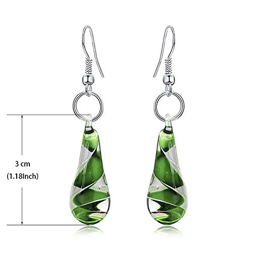 Glass Water Drop Shape Glaze Spiral Dangle Earrings Lampwork Handmade Glass Bead Geometric Earrings for Women Jewelry-Green