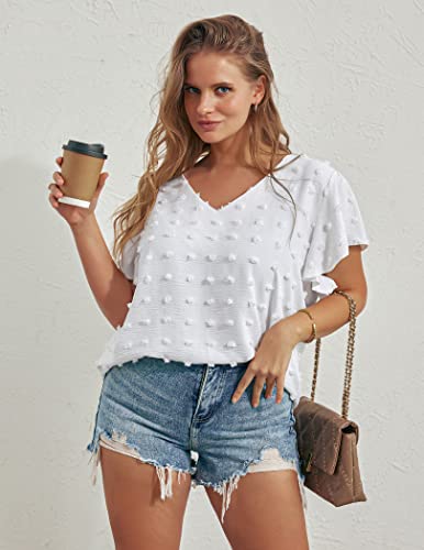 IN'VOLAND Womens Plus Size Blouse Ruffle Sleeve Flowy Tops Business Casual Swiss Dot Tunic V Neck Cute Summer Tee Blue 20W