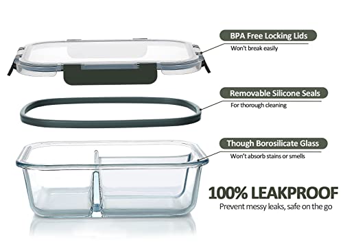 M MCIRCO [5-Pack, 36 oz] Glass Meal Prep Containers 3 Compartment with Lids, Glass Lunch Containers,Food Prep Lunch Box,Bento Box,Microwave, Oven, Freezer, Dishwasher (4.5 Cups)