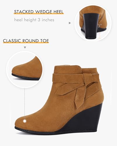 Coutgo Womens Wedge Booties Fall Ankle Boots Tie Knot Stacked Heeled Side Zipper Winter Dress Shoes, Beige, Size 6.5