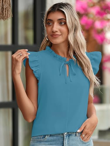 Heymoments Women's Summer Tops Black Small Casual Ruffle Short Sleeves V Neck Shirts Ladies Drawstring Basic Solid Color Blouses