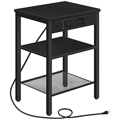 HOOBRO End Table with Charging Station and USB Ports, 3-Tier Nightstand with Adjustable Shelf, Small Side Table for Small Space in Living Room, Bedroom and Balcony, Black BB112BZ01