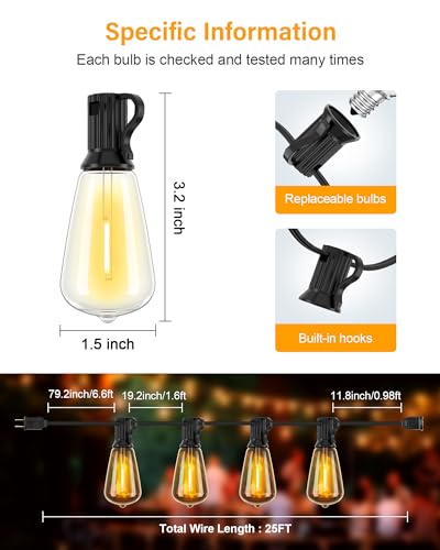 Doukedge Outdoor String Lights Waterproof, 25 Feet Patio Lights with 13 ST38 Edison Bulbs(1 Sqare), Outside Hanging Decorative Lights for Porch, Blacony, Backyard, Bistro, Garden, 2700K