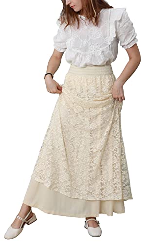 CHARTOU Womens Elegant Floral Lace Elastic High Waist Pleated Maxi Long Beach Skirts (X-Small, Beige)