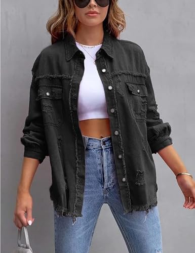 Omoone Women's Ripped Distressed Denim Jacket Casual Long Sleeve Boyfriend Jean Coat Basic Trucker Jackets (3536-Red-S)