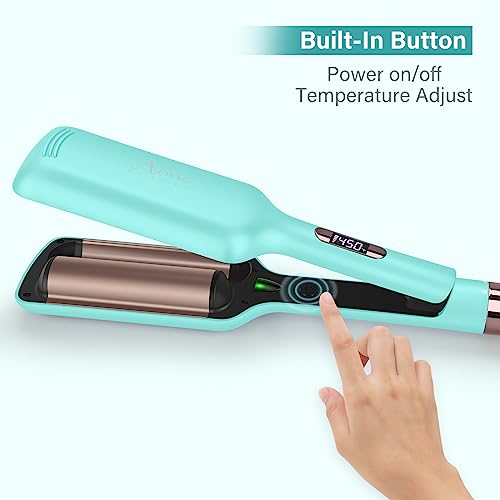 32mm (1.25") Aima Beauty Twins Mermaid Waves Hair Waver, Anti-Scald 2 Barrel Curling Iron, Hair Crimper, Ionic Care Wave Iron 15S Heats Up for Short/Medium/Long Hair Light Green