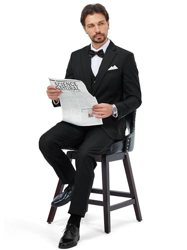MAGE MALE Mens 3 Piece Suits Slim Fit Tuxedo Suit Set Soild Prom Wedding Suits One Button Blazer Vest Pants Set with Bow Tie Black