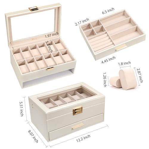 Voova Jewelry Box Watch Boxes Organizer for Men Women, 2 Layer Large 12 Slot PU Leather Watch Storage Case, Glass Top Jewelry Display Holder for Watches Sunglasses Rings Necklaces Bracelets,Apricot