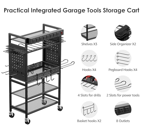 CCCEI Power Tool Organizer Cart with Charging Station, Garage Floor Rolling Storage Large Cart on Wheels for Mechanic, Mobile 6 Drill, Tool Box Utility Cart with Battery Charging Power Strip, Black.