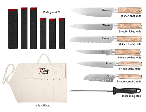 SYOKAMI Chef Knife Set, 14pcs Japanese Kitchen Knife Set with Roll Bag, Pakkawood Handle, High Carbon Stainless Steel Professional Kitchen Knives for Camp Travel Outdoor