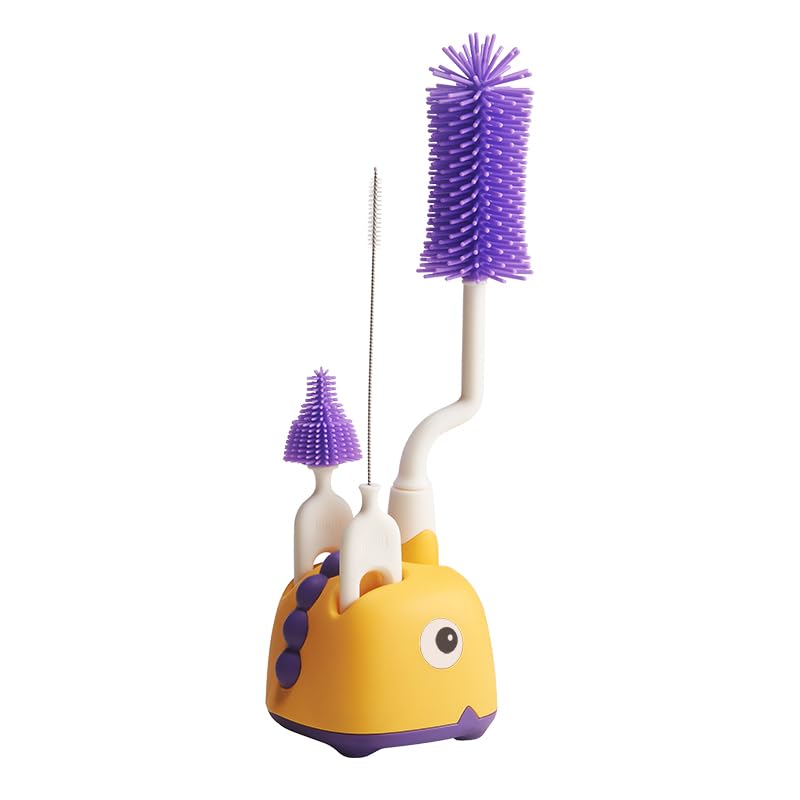 Rabbit Baba Silicone 4-in-1 Baby Bottle Brush Set,Nipple Brush, Bottle Brush, Straw Brush， Safe and Durable, Easy to Clean and Dry，4 Count，Cleaning Set，Uniform Storage Base，Draining Base (yellow Base)