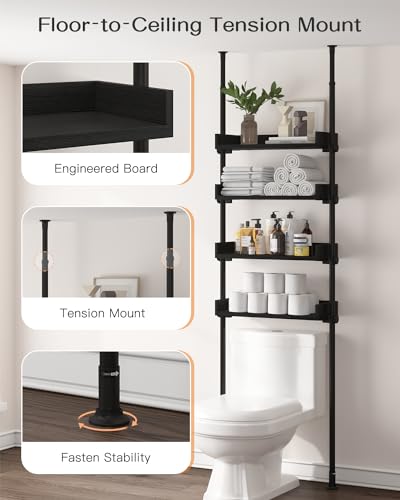 ALLZONE Adjustable Over The Toilet Storage Cabinet,Tension Mount Bathroom Organizers and Storage Over Toilet with 4 Adjustable Shelves,Over Toilet Bathroom Organizer Fit 92-116 Inch Tall,Black