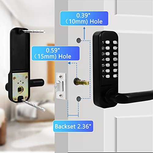 Casmer Upgrade Mechanical Door Lock with Adjustable Deadlatch 2-3/8'' and 2-3/4'',Outdoor Keyless Gate Lock with Handle, Waterproof Mechanical Keypad Door Lock (Black)