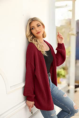 PRETTYGARDEN Casual Loose Open Front Womens Sweaters Fall Lightweight Midi Long Cardigan for Women Back Letters (Wine Red, Medium)