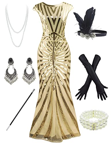 Women 1920S Gatsby Sequin Mermaid Formal Evening Dress with 20s Accessories Costume (M, Style 4 Black Gold)