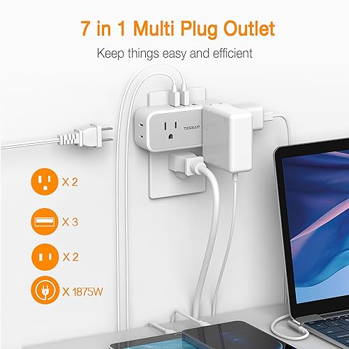 Surge Protector Outlet Extender, TESSAN Multi Plug Outlet Splitter with 4 Electrical Outlets 3 USB Blocks(2 USB C), Flat Multiple Wall Plug Expander for Bathroom Home Office Dorm Room Essentials