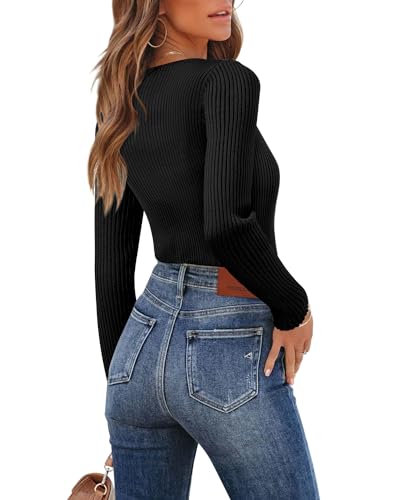 ONLYSHE Long Sleeve Ribbed Knit Shirts for Women V Neck Pullover Ladies Slim Fitted Basic Soild Color Tops Fall Basic Tee,Green L