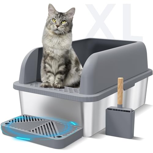 Suzzipaws Enclosed Stainless Steel Cat Litter Box with Lid Extra Large Litter Box for Big Cats XL Metal Litter Pan Tray with High Wall Sides Enclosure, Non-Sticky, Anti-Leakage (Grey)