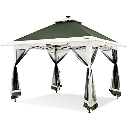 Suntime 12 x 12 Instant Pop Up Gazebo Polyester Canopy Tent Shelter with Solar LED Lights, 4 Zippered Screens, and Powder Coated Steel Frame, Green