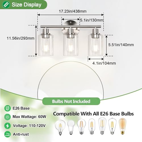 3-Light Bathroom Light Fixtures, Black and Gold Bathroom Wall Lights, Modern Bathroom Vanity Light with Clear Glass Shade, Bathroom Wall Lamp for Mirror Kitchen Bedroom Hallway Cabinet