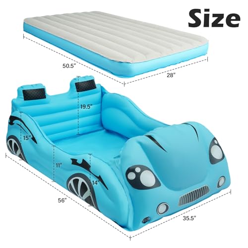 ROMPICO Inflatable Toddler Travel Bed with Safety Bumper,Portable Racecar Toddler Bed Air Mattress with 4 Sides for Kids, Ideal for Vacation,Camping and Sleepover,Electric Pump Included(Regular, Blue)