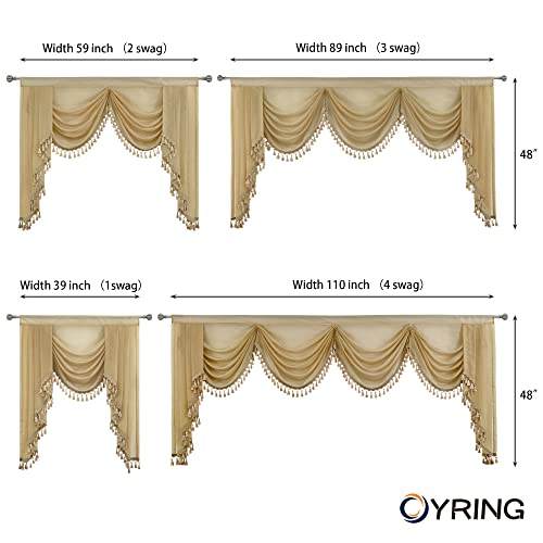OYRING Beige Waterfall Sheer Window Curtain Valance for Living Room - Tassels Swag Curtain Valance for Bedroom, Valance for Kitchen, 1 Panel, Width 39 Inch
