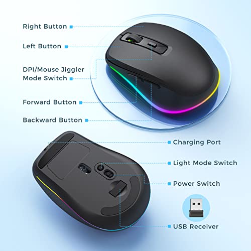 PEIOUS Wireless Mouse, Mouse Jiggler - LED Wireless Mice with Build-in Mouse Jiggler Mover, Rechargeable Moving Mouse for Computer with Undetectable Random Movement Keeps Computer Awake - Black