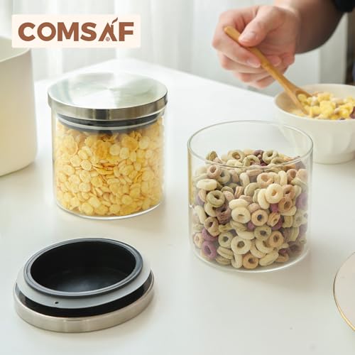 ComSaf Glass Food Storage Containers with Stainless Lids, Clear Glass Jar with Lid set of 6, Small Glass Containers with Lids, 20 OZ Glass Storage Jars for Spice, Sugar, Tea, Kitchen Canister Set