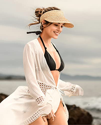 Visors for Women, Straw Sun Visors for Women Beach Hats for Women Packable Sun Hat Womens Visor Handmade Straw Hats for Women Beige