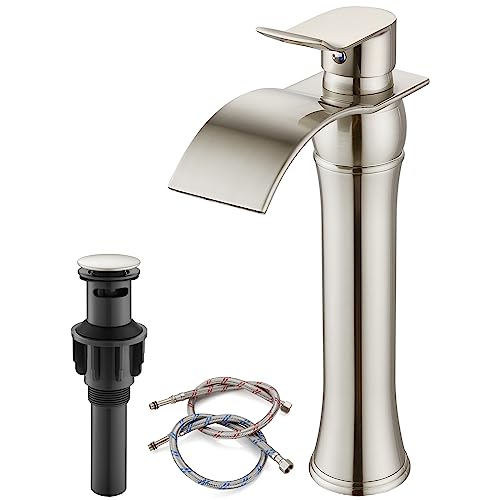 gotonovo Waterfall Vessel Sink Faucet for Sink 1 Hole,Single Handle Tall Bathroom Sink Faucet,Brass Waterfall Bathroom Faucet Arc Body Mixer Tap with Pop Up Drain and Supply Line,Brushed Nickel