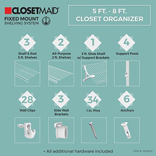 ClosetMaid 1608 Closet Organizer Kit with Shoe Shelf, 5-Foot to 8-Foot, White
