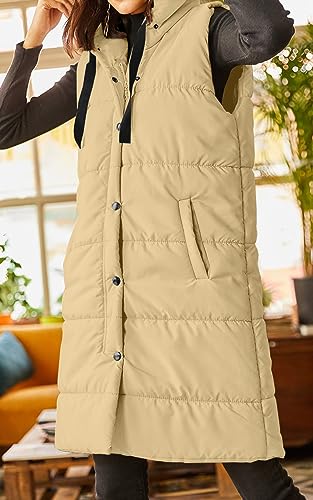 Grlasen Women's Long Quilted Puffer Vest Sleeveless Hooded Button Down Padded Coats Jacket Outerwear with Pockets