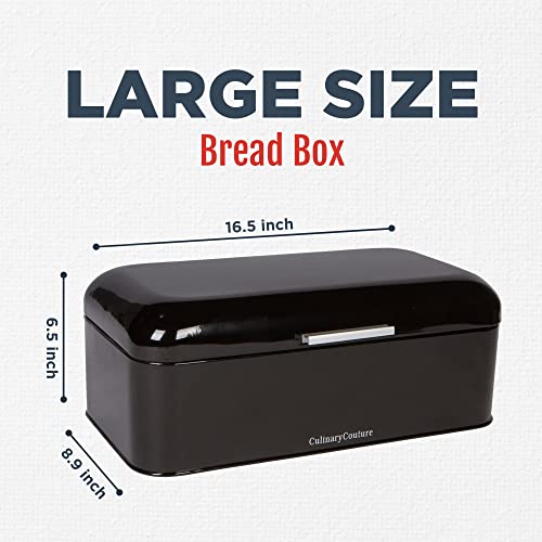 Culinary Couture Extra Large Black Bread Box for Kitchen Countertop - Holds 2 Bread Loaves! - 16.5" x 9" x 6.5" - Stainless Steel Vintage Bread Boxes for Kitchen Counters