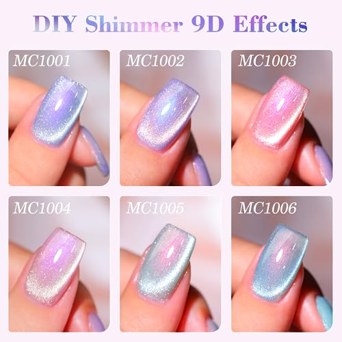 Double Rhythm Cat Eye Gel Nail Polish Set of 6 Colors Shimmer Glitter with Magnet 9D Holographic Reflective Magnetic Nail Polish (Purple Orange Blue Green Pink-Kit 33)
