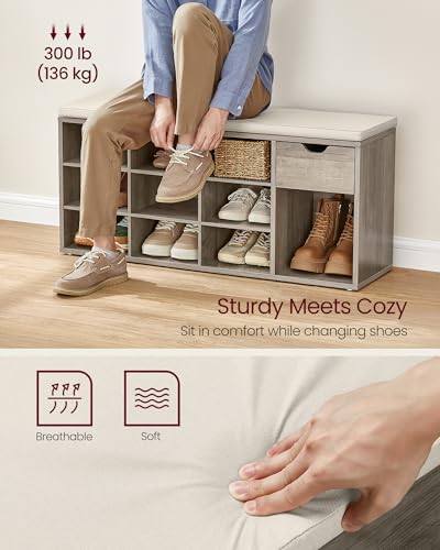 VASAGLE CUSTOS Collection - Shoe Bench, Storage Bench with Padded Seat, Entryway Bench with 15 Compartments, for Bedroom, 11.8 x 40.9 x 18.9 Inches, Heather Greige and Cappuccino Beige ULHS024K02