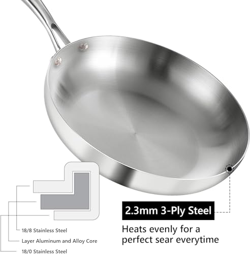 LOLYKITCH 12 Inch Tri-ply Stainless Steel 5.5 QT Sauté Pan and 8-10 Inch Frying Pan Set of 3,Induction Cookware,Dishwasher and Oven Safe.