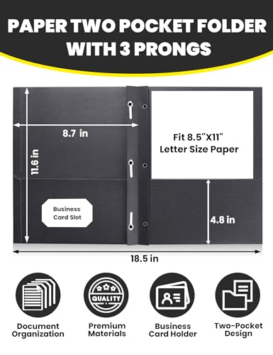 SUNEE 2 Pocket Folders with Prongs (25 Pack, Black), Paper Folders with 2 Pockets and 3 Prongs Fit Letter Size Paper, Folders with Prongs for School Office Home Business