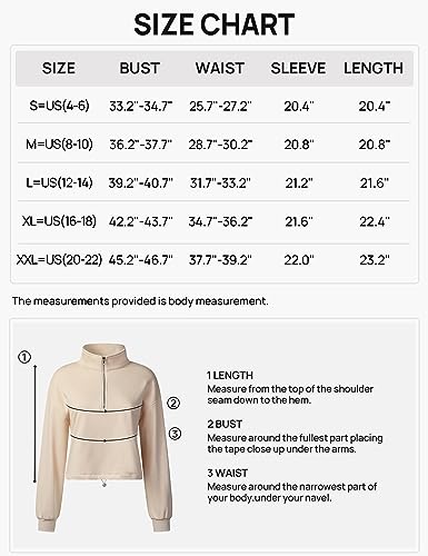 MEROKEETY Women's Quarter Zip Crop Sweatshirt Long Sleeve Stand Collar Drawstring Casual Pullover Top,Apricot,S